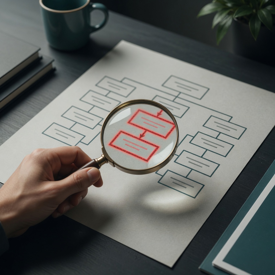 A hand holds a magnifying glass over a printed corporate org chart, zooming in on two boxes connected by an arrow that are circled in red &mdash; a metaphor for CMS scrutinizing a hospice's ownership and management affiliations.