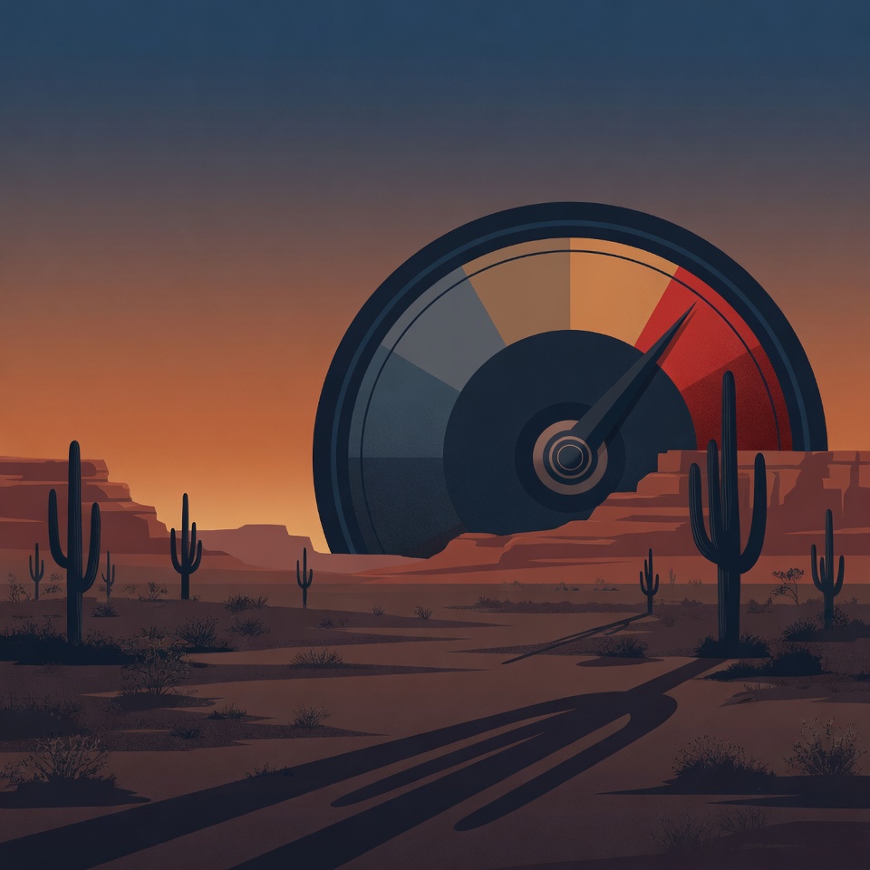Editorial illustration: an Arizona desert landscape at dusk with saguaro cacti, and a rising gauge-style scorecard in place of the sun, representing CMS SSVI scores climbing in the state.