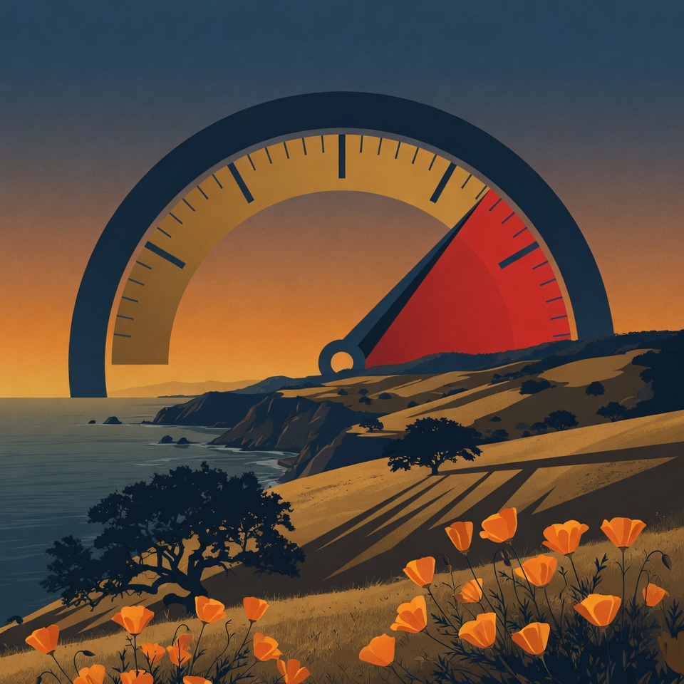 Editorial illustration: a California coastal landscape at dusk with golden poppies and rolling hills, and a rising gauge-style scorecard in place of the sun with its needle in the red, representing California hospice SSVI scores.