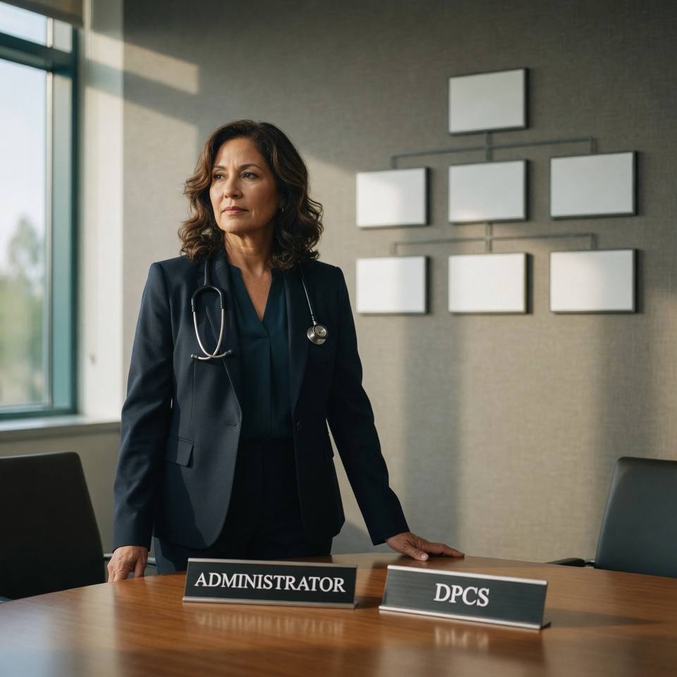 An organizational chart with six leadership seats - Administrator, DPCS, Medical Director and their three Designees - with one person holding two positions, illustrating California's Title 22 hospice dual-role and designee requirements.