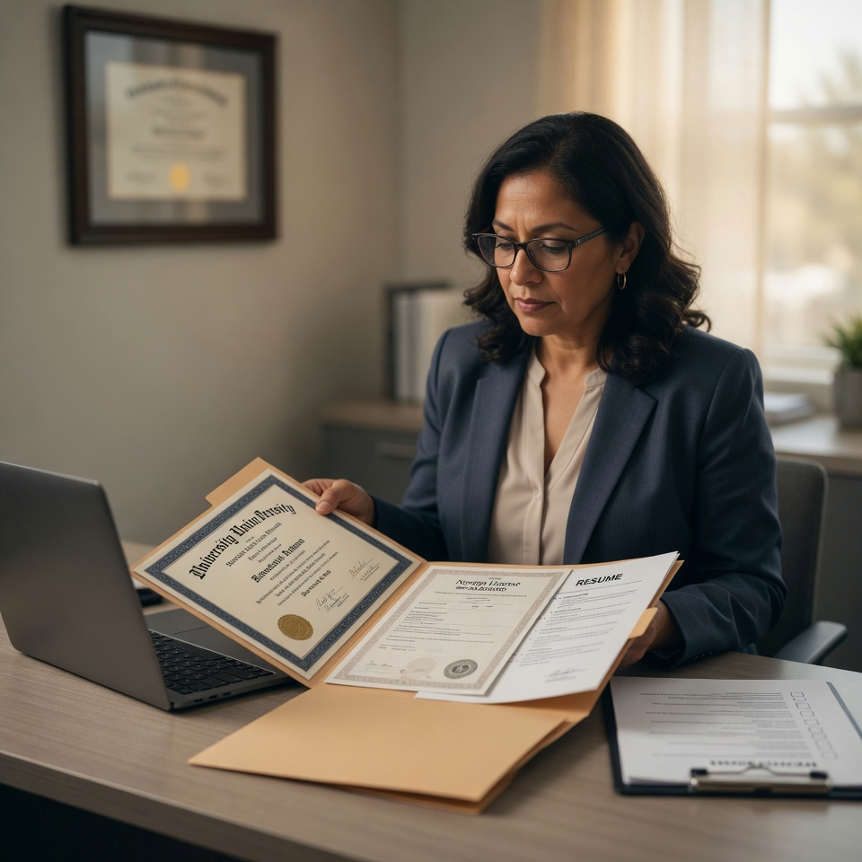 A hospice administrator reviewing a leadership credential file containing a university diploma, a nursing license, and a resume, illustrating California CDPH emergency regulations (Title 22 CCR 74800-74908) that set degree and experience requirements for the Administrator and Director of Patient Care Services effective June 2026.