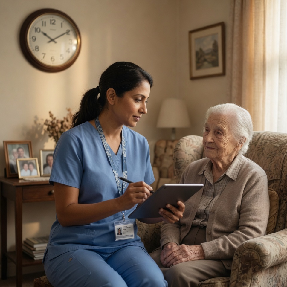 A hospice registered nurse taking notes on a tablet during an in-home assessment of an elderly patient, a wall clock behind them, illustrating California's new Title 22 CCR 74864 requirement that an RN complete the initial assessment within 48 hours in the residence, effective June 2026.