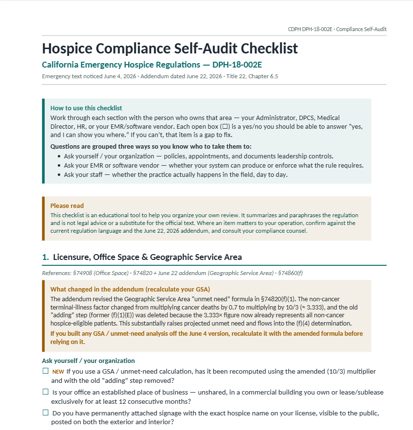 First page of the Hospice Compliance Self-Audit Checklist for California's CDPH emergency hospice regulations (DPH-18-002E, Title 22), showing the how-to-use instructions and Section 1 on licensure, office space, and geographic service area.