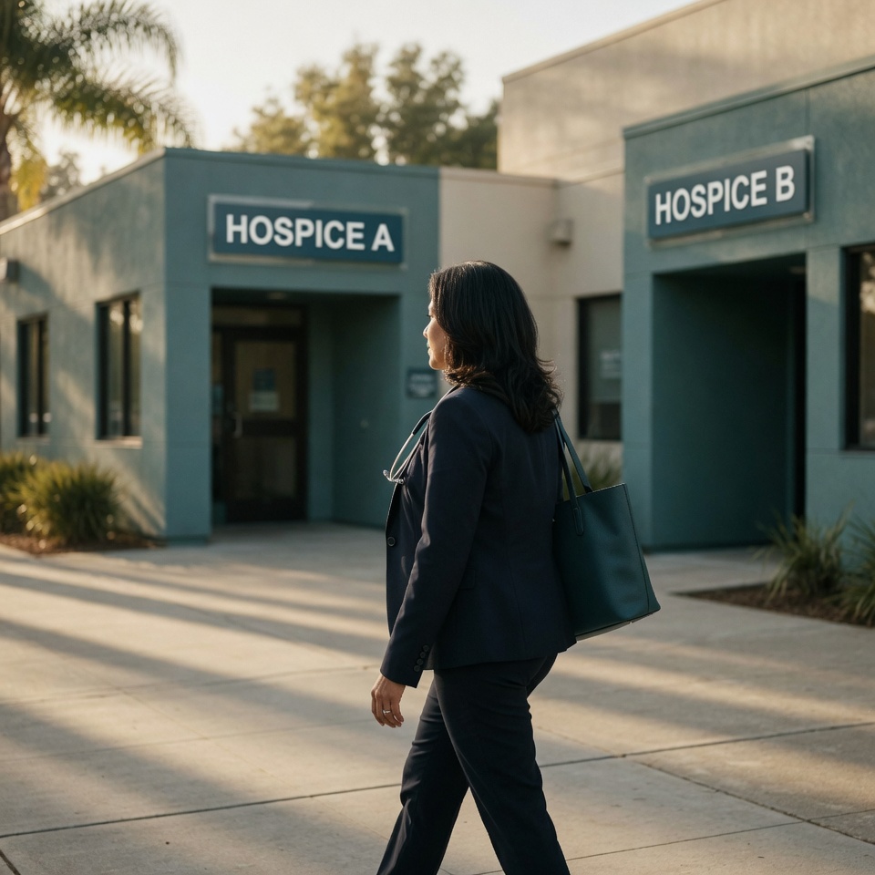 Two hospice office buildings with a single clinician silhouette between them, illustrating California's Title 22 concurrent-employment ban that ties hospice Administrators, DPCS, Medical Directors, and their Designees to one hospice.