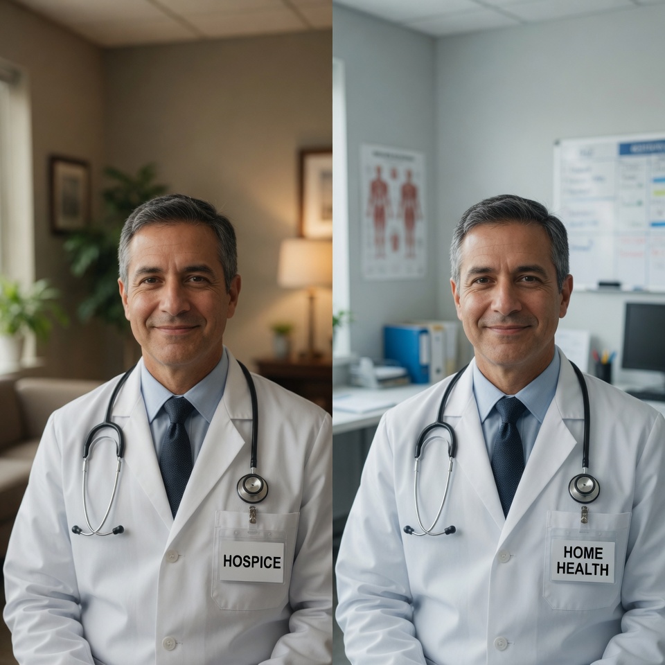Split-screen of the same hospice Medical Director shown twice, facing forward in a white coat and stethoscope: on the left he wears a HOSPICE badge in a warm hospice office, and on the right the same physician wears a HOME HEALTH badge in a clinical home health office, illustrating that California's CDPH emergency regulations (Title 22 CCR 74800-74908) limit a hospice Administrator, DPCS, or Medical Director to one hospice but do not bar concurrent service at a home health agency.