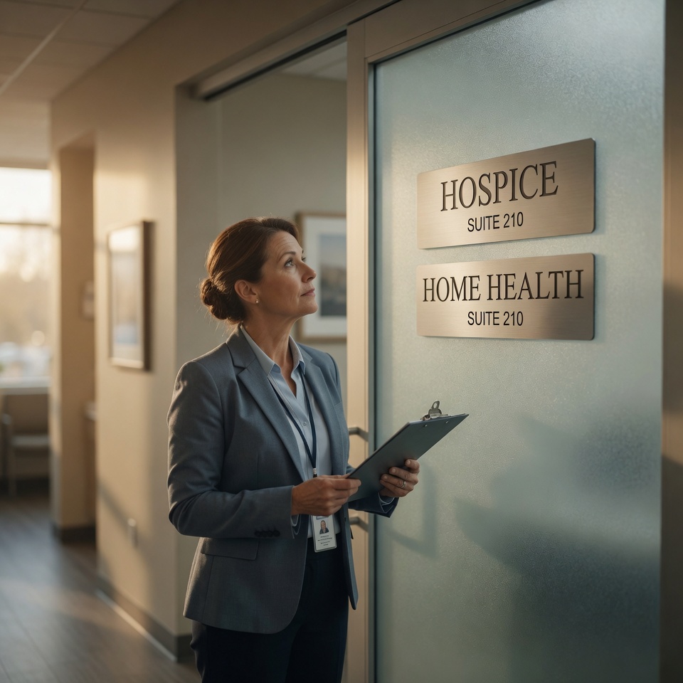 A CDPH health surveyor with a clipboard and ID badge stands in a medical office corridor looking up at a single frosted-glass suite door that carries two brass placards - the top reading 'HOSPICE, Suite 210' and the bottom reading 'HOME HEALTH, Suite 210' - the identical suite number on both signs illustrating that under California's new emergency regulations (Title 22 CCR 74908) a hospice must occupy unshared office space it exclusively possesses, so a hospice and a home health agency sharing one suite is now a citable deficiency even when both are owned by the same entity under one Tax ID.