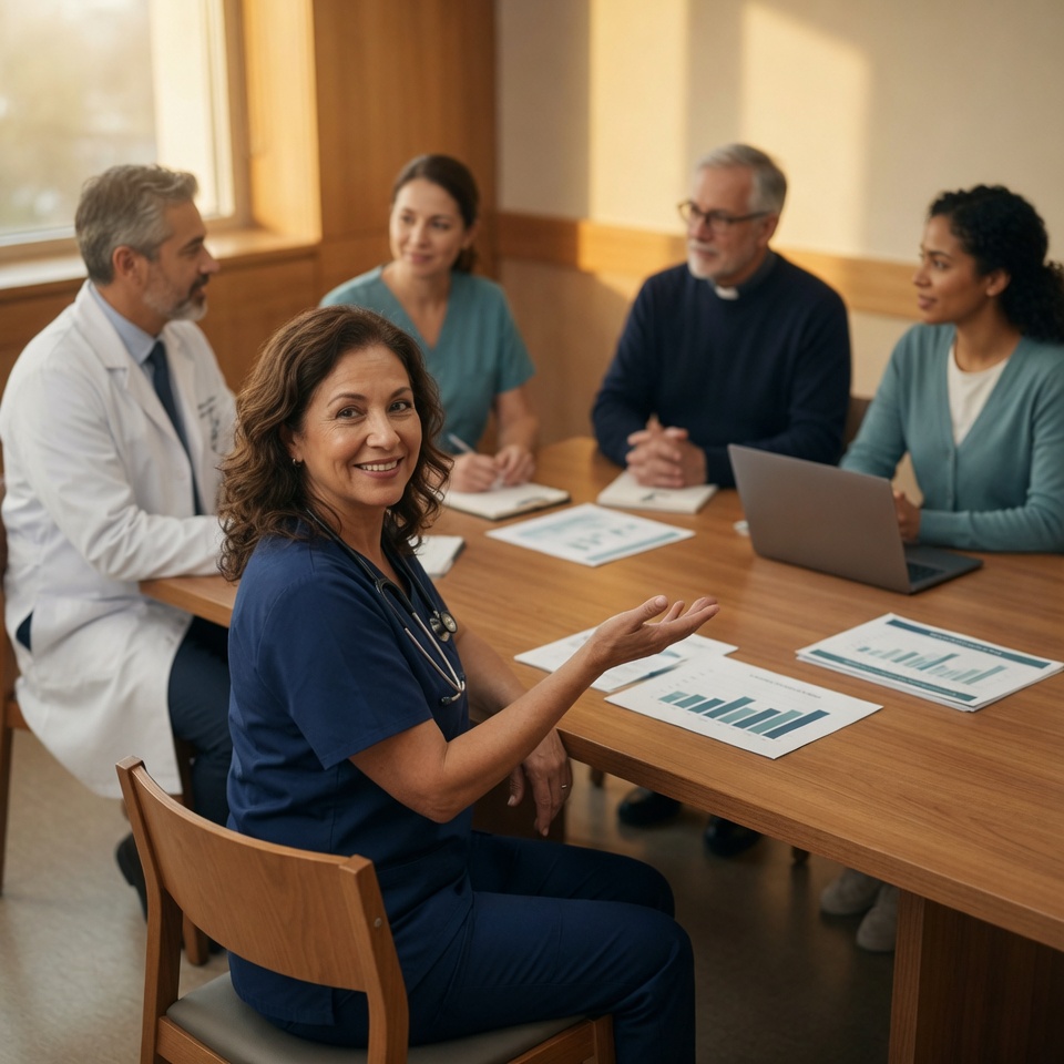 A hospice interdisciplinary team meeting around a table with an open chair, illustrating California's Title 22 CCR 74800(a)(31) rule that the patient's family, DPOA representative, and caregiver join the IDG if they so desire.
