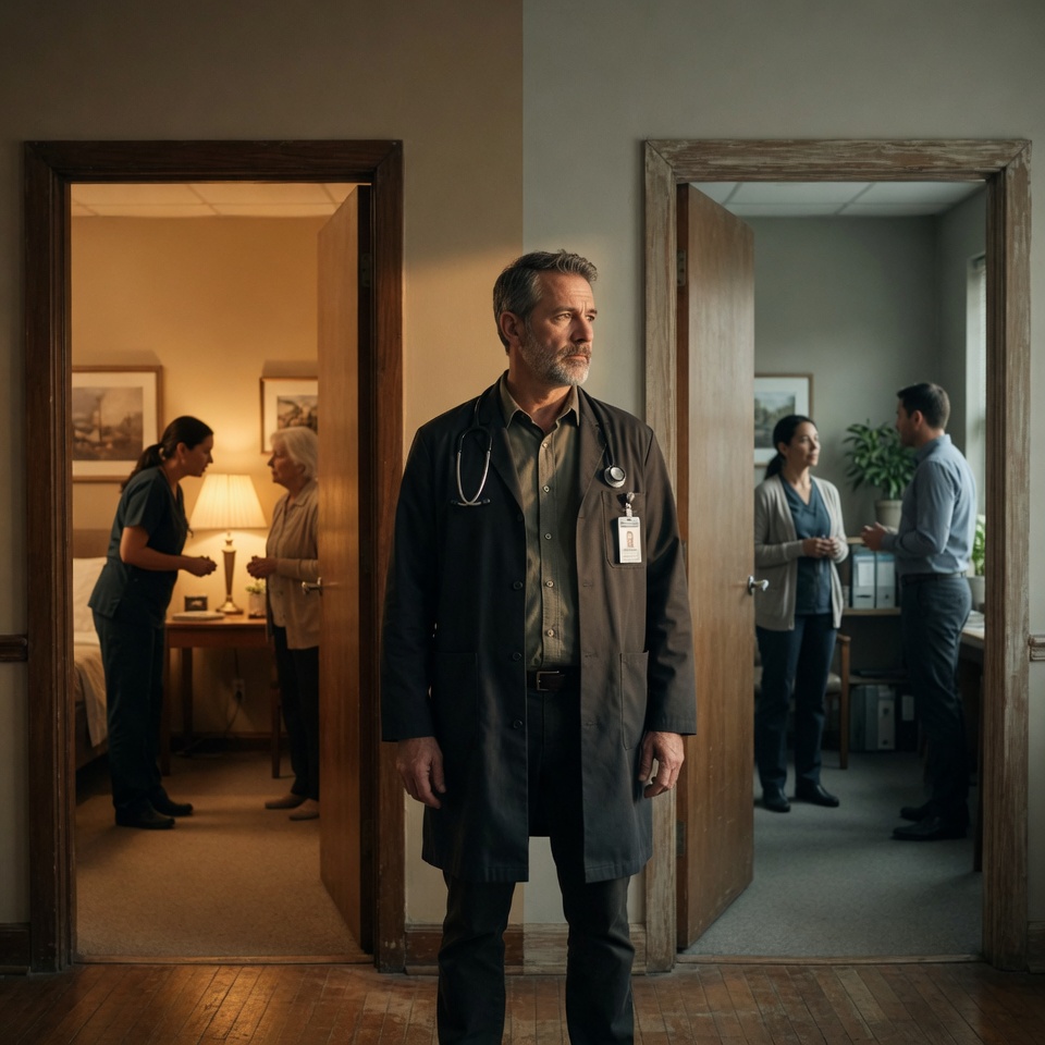 A hospice physician in a white coat standing between two doorways, one opening to a patient's home bedside and the other to a hospice office, illustrating California's new Title 22 CCR 74856 rule limiting a hospice Medical Director to a single hospice agency, effective June 2026.