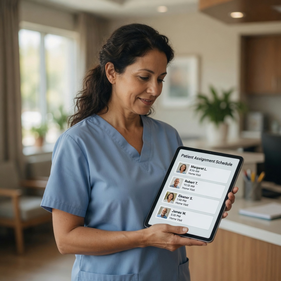 A hospice nurse in blue scrubs reviewing a patient assignment schedule on a tablet, illustrating California's new Title 22 CCR 74848 12-to-1 nurse-to-patient caseload cap, the 24/7 licensed nursing requirement, and the patient-acuity committee effective June 2026.