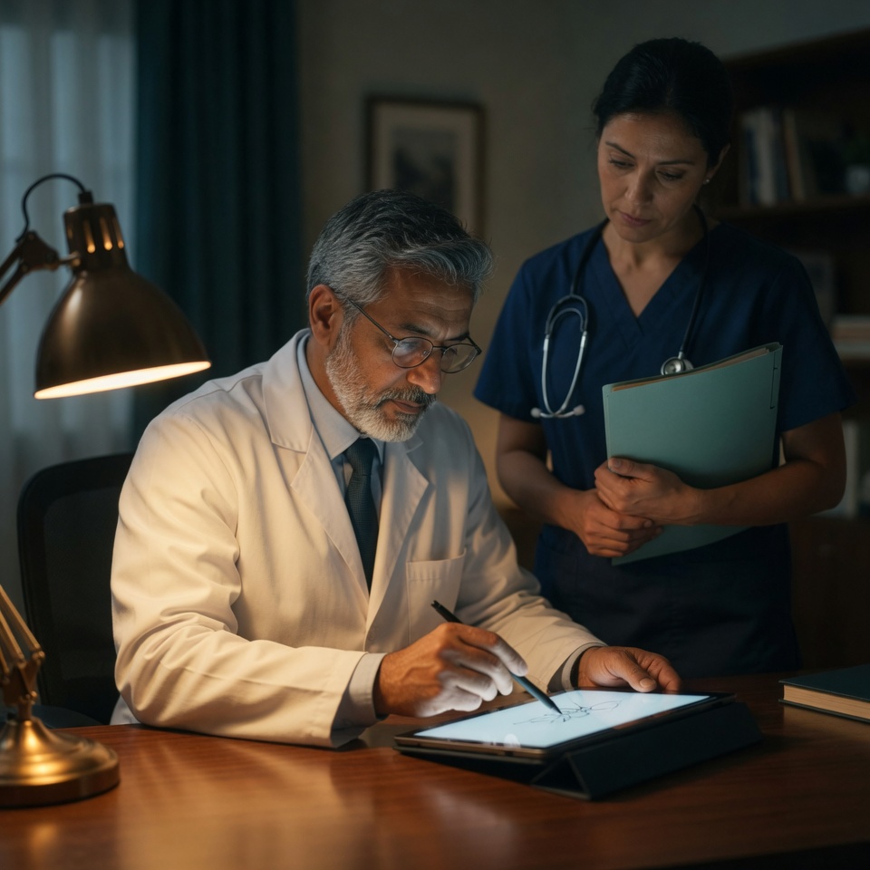 A physician signing a hospice plan of care document while a nurse waits with a tablet, illustrating California's Title 22 CCR 74868(g) requirement that plan of care modifications be approved in writing by the attending physician, Medical Director, or Designee before implementation.