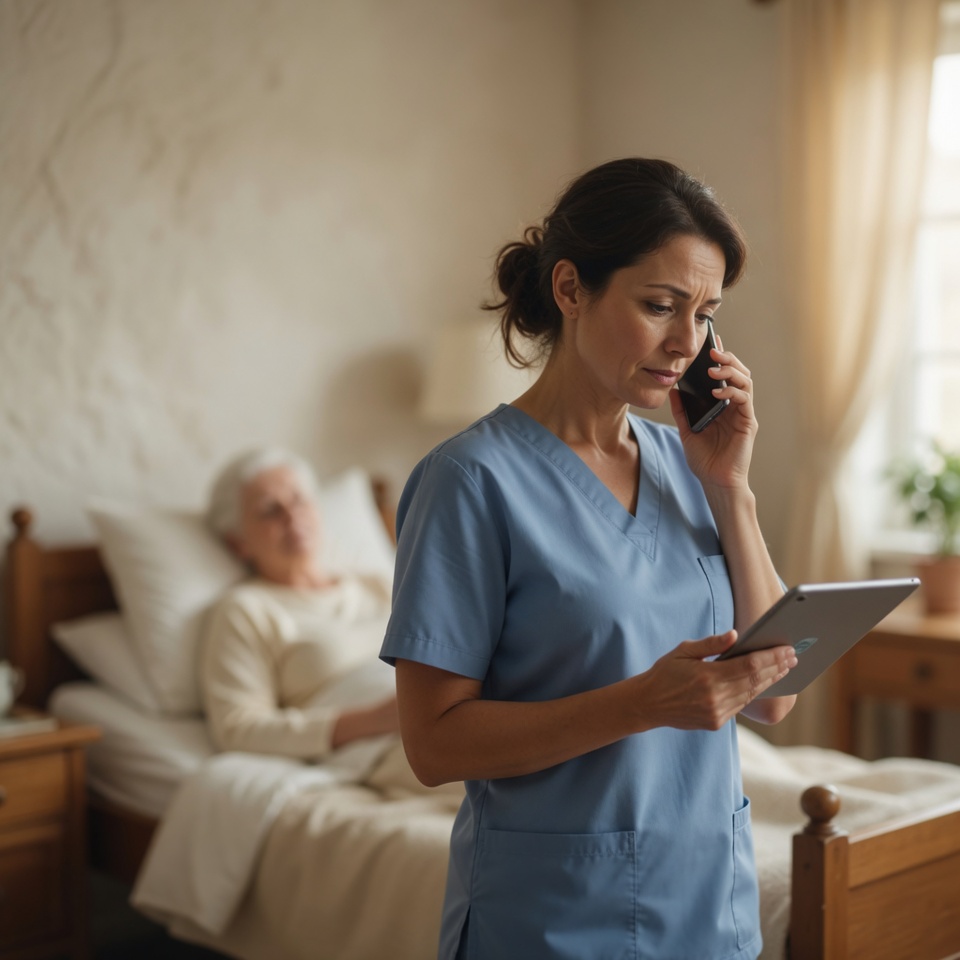 A hospice nurse phoning the attending physician while reviewing a tablet at a patient's bedside, illustrating California's new Title 22 CCR 74868(h) requirement to notify a physician within 24 hours of a significant change in condition, effective June 2026.