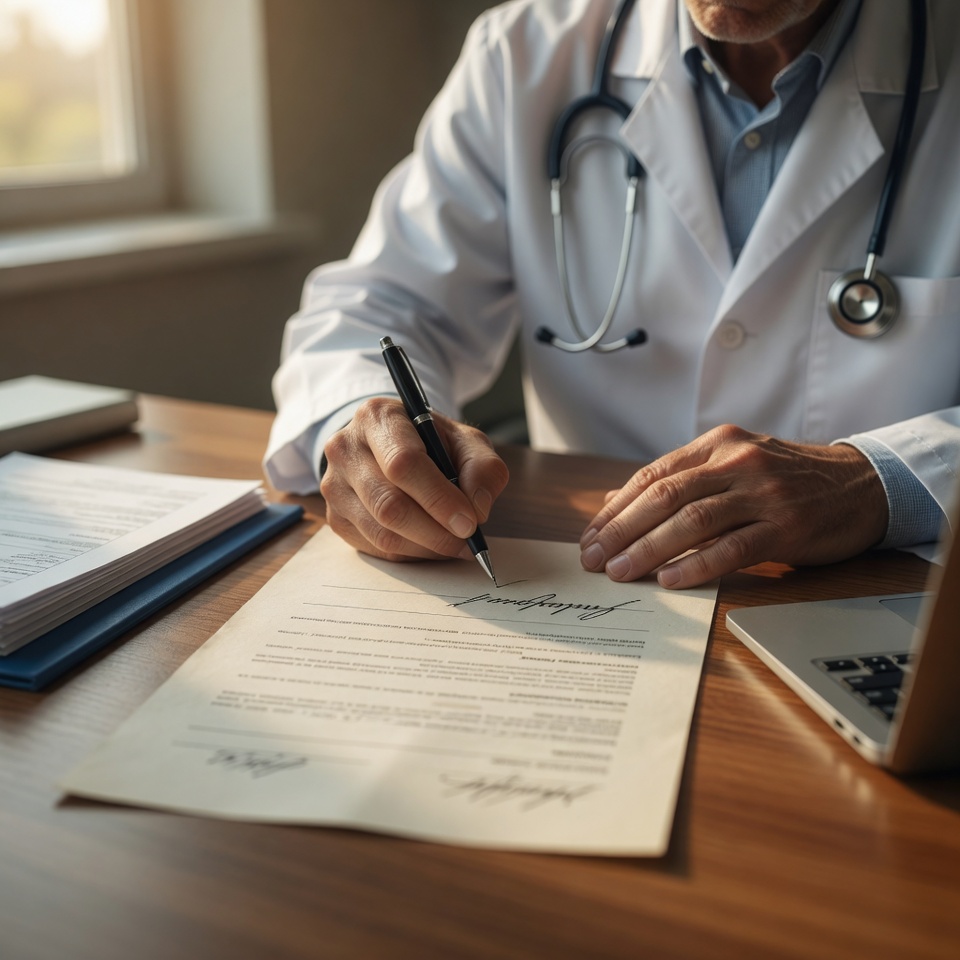 A hospice physician in a white coat signing and dating a certification document at a desk, illustrating California's new Title 22 CCR 74860 rules on certification of terminal illness contents, signatures, and addendums, effective June 2026.