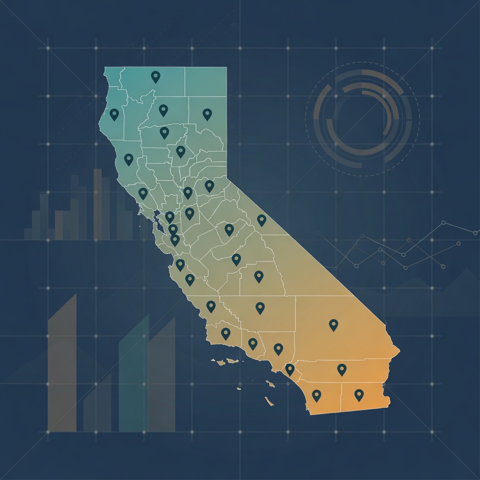 A stylized map of California shaded county by county with hospice location pins and faint data charts, illustrating the CDPH Title 22 CCR 74820 unmet-need formula that compares estimated hospice demand against existing licensed hospice capacity before a new or expanded service area is approved.