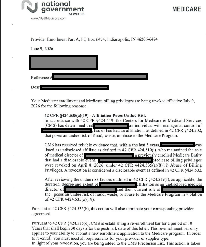 A CMS / National Government Services letter revoking a hospice's Medicare enrollment and billing privileges under the affiliation that poses an undue risk provision, with the provider name, address, and ID numbers redacted.