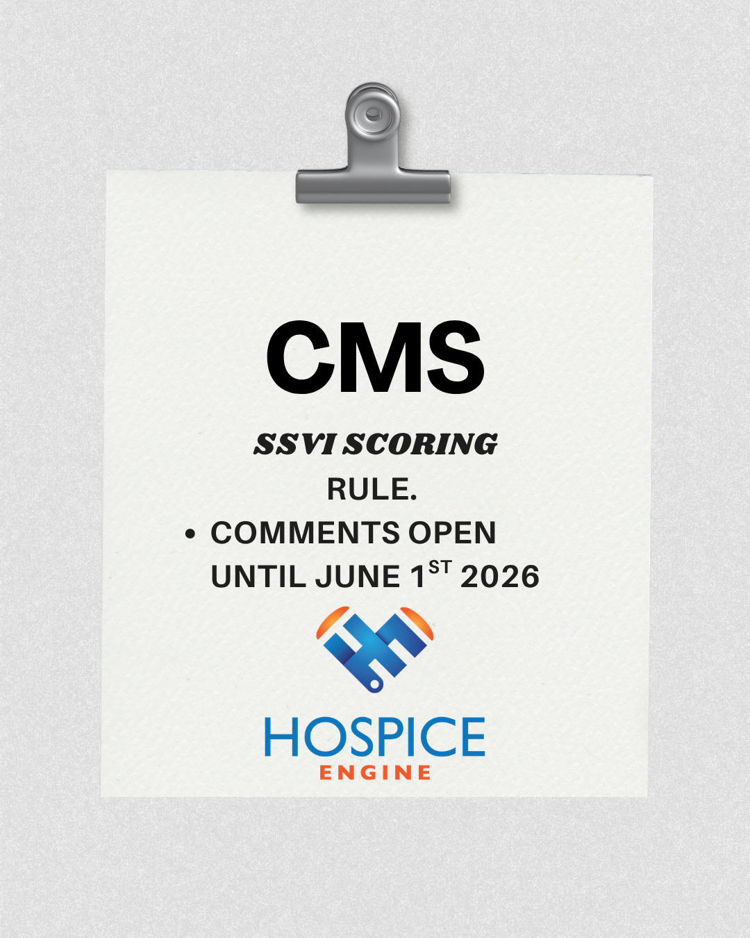 CMS FY2027 SSVI scoring rule announcement: the Service and Spending Variation Index, with public comments open until June 1, 2026.