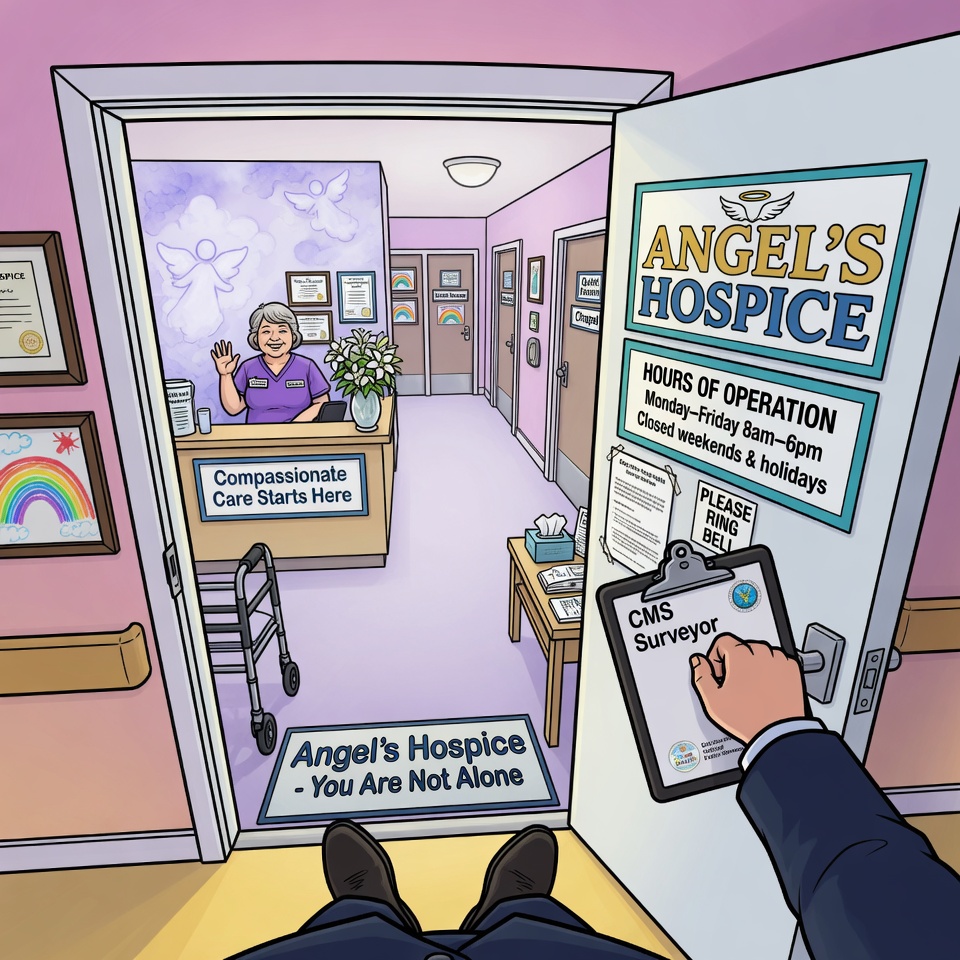 A hospice surveyor reviewing records during an in-person visit, illustrating California CDPH emergency licensing regulations (Title 22 CCR 74800-74908) that codify staffing ratios, management qualifications, change of ownership, and medical-record documentation standards effective June 2026.