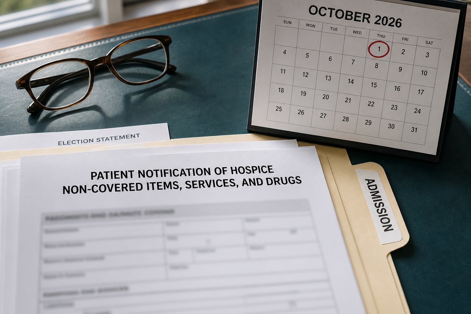 Desk still life of the Patient Notification of Hospice Non-Covered Items, Services, and Drugs addendum and election statement, with October 1, 2026 circled on a calendar.
