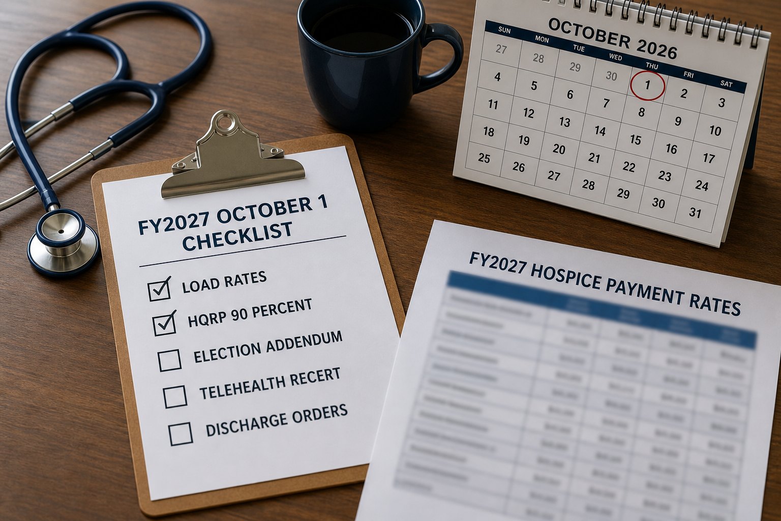 Clipboard titled FY2027 October 1 Checklist on a hospice operator desk, with October 1, 2026 circled on a calendar.