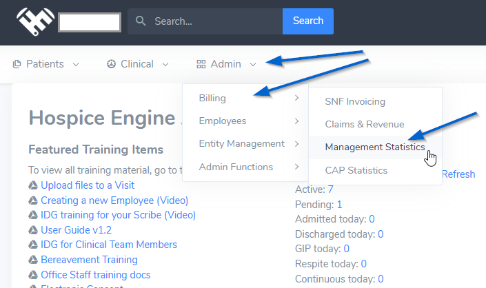 Hospice Engine navigation: Admin menu open, Billing submenu expanded, Management Statistics highlighted