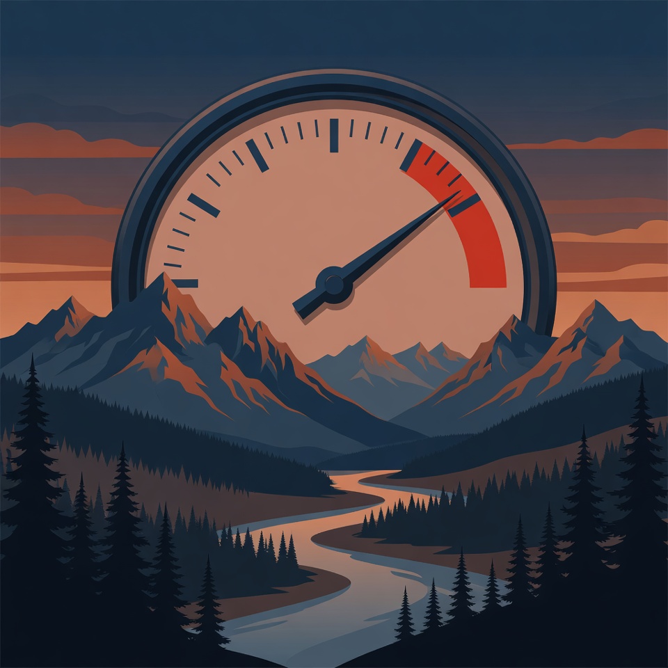Editorial illustration: an Idaho mountain landscape at dusk with a river valley, and an oversized gauge-style scorecard in place of the sun with its needle in the red, representing one hospice's high SSVI score in a low-scoring state.