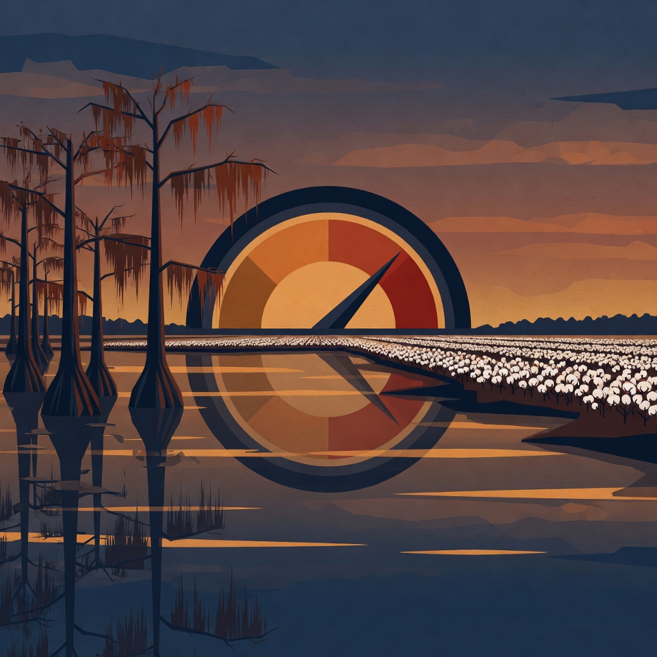 Editorial illustration: a Mississippi Delta landscape at dusk with cypress trees and still water, and a rising gauge-style scorecard in place of the sun with its needle pinned in the red, representing Mississippi hospice SSVI scores.
