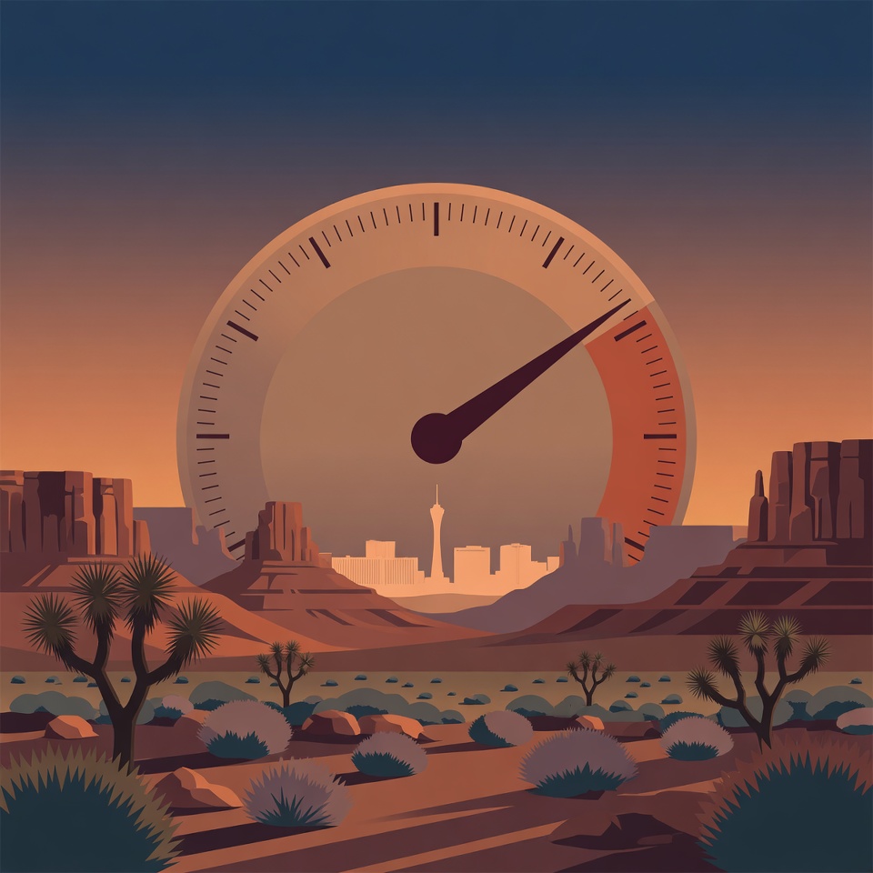 Editorial illustration: a Nevada desert landscape at dusk with red-rock buttes and Joshua trees, and a rising gauge-style scorecard in place of the sun with its needle pinned in the red, representing Nevada hospice SSVI scores.