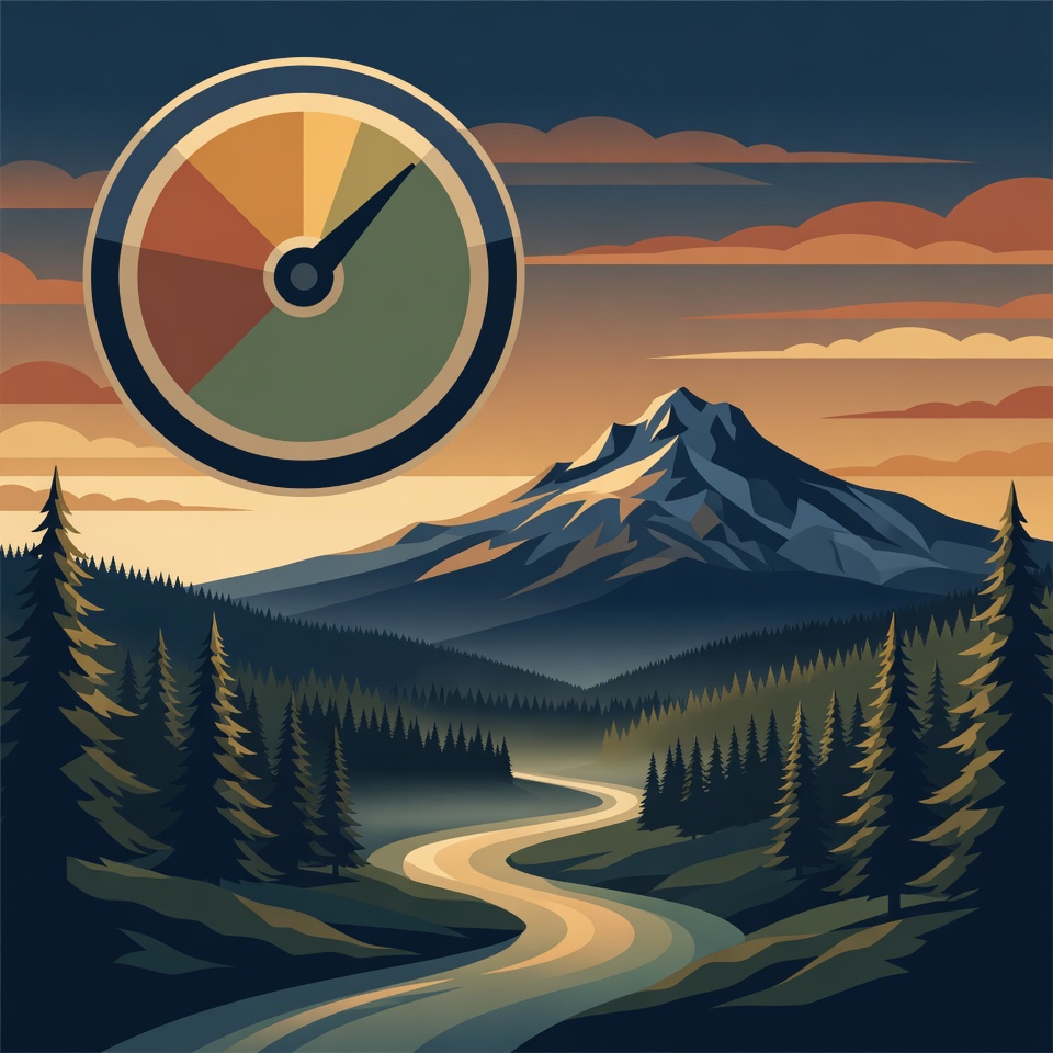 Editorial illustration: an Oregon landscape at dawn with Mount Hood, evergreen forest, and a river valley, and a rising gauge-style scorecard in place of the sun with its needle resting in the green, representing Oregon hospice SSVI scores.
