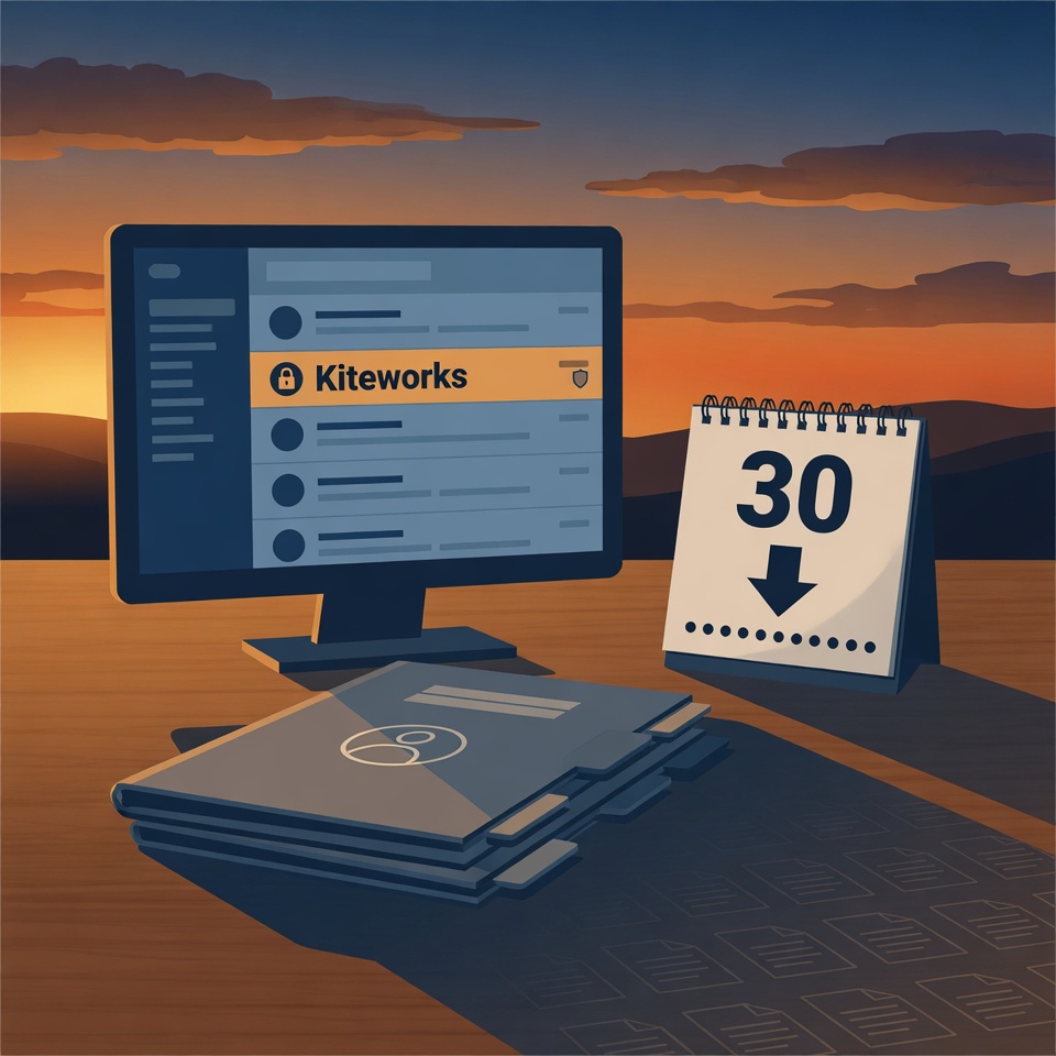 A hospice administrator's inbox with a secure Kiteworks delivery notification highlighted, a 30-day countdown beside it, and a small sample of patient charts casting a much larger shadow &mdash; representing a Qlarant SVRS medical review where a sampled denial rate is extrapolated across all paid claims.