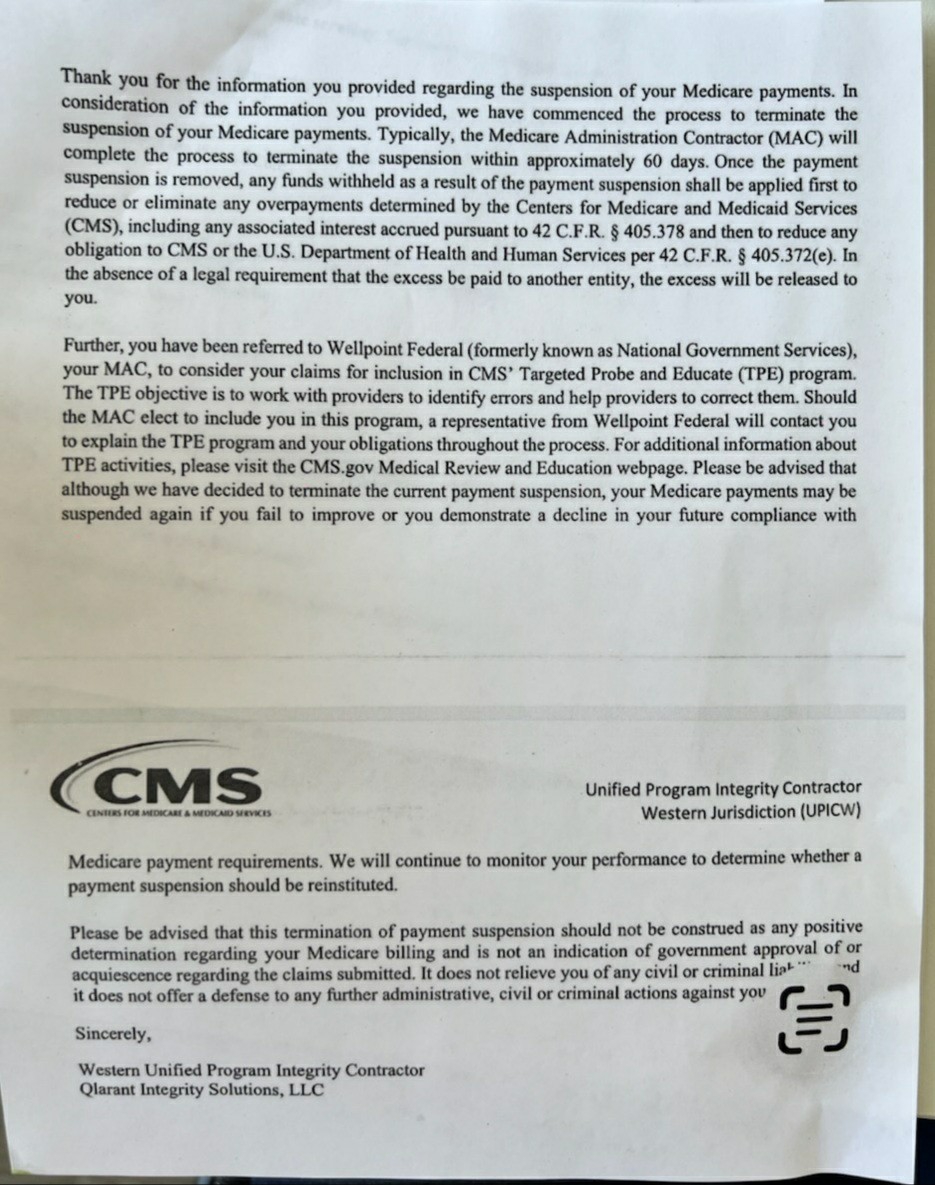 Example CMS/Qlarant (UPICW) notice terminating a hospice Medicare payment suspension and referring the provider to the MAC for Targeted Probe and Educate (TPE).