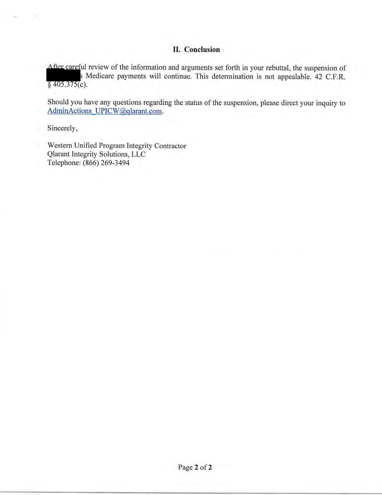 Page 2 of the same Qlarant rebuttal denial letter, with the conclusion stating the suspension of Medicare payments will continue and that the determination is not appealable, citing 42 CFR 405.375(c).