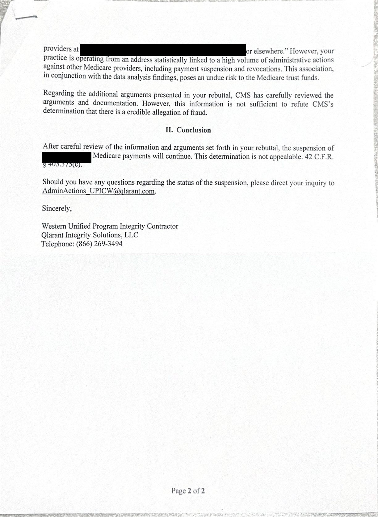 Page 2 of the July 27, 2026 Qlarant rebuttal denial letter, showing the passage stating the hospice is operating from an address statistically linked to a high volume of administrative actions against other Medicare providers, with the street address redacted.