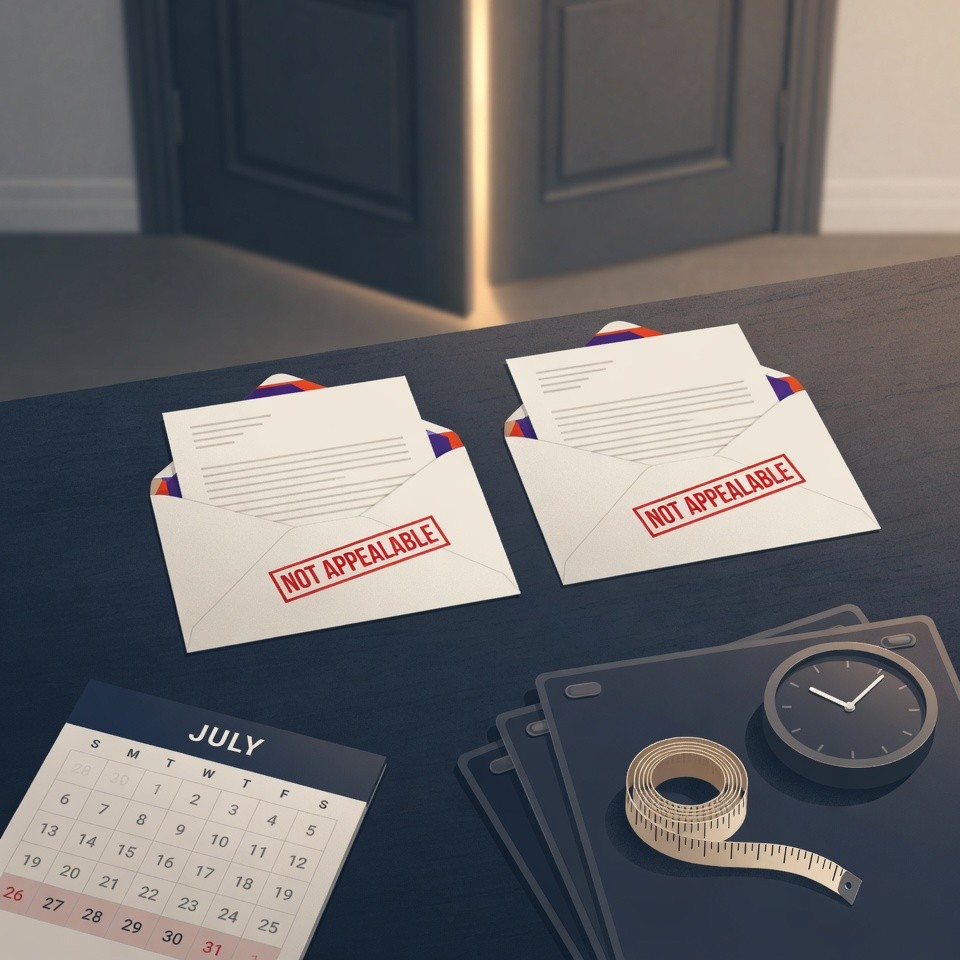 Two opened overnight-delivery envelopes side by side on a hospice administrator's desk, each holding an identical official letter stamped NOT APPEALABLE in red, beside a July calendar with late-July dates marked and a stack of patient charts with a clock &mdash; while a door in the background closes with a line of light still showing at its edge.