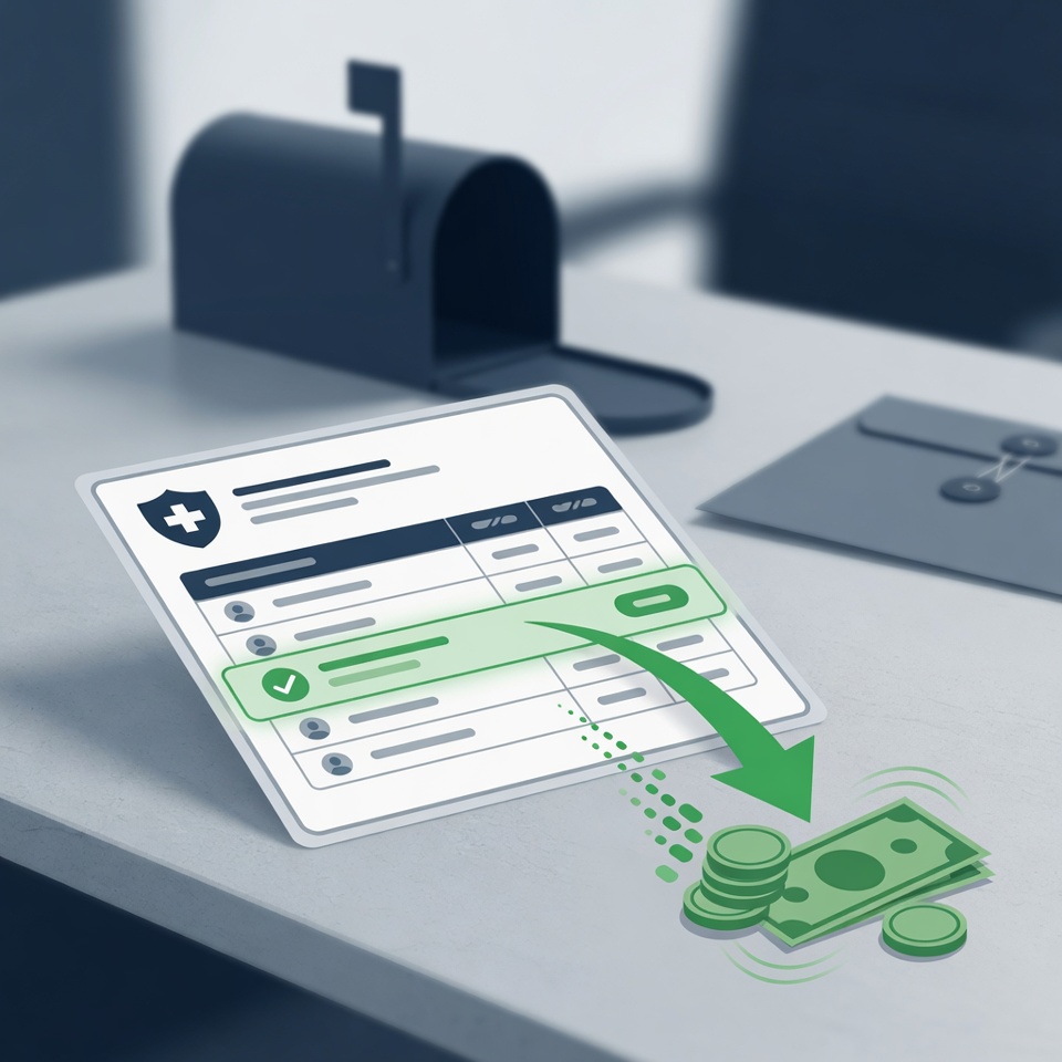 A Medicare remittance advice with a released line item highlighted in green and an arrow returning funds to the hospice, with an empty mailbox behind it &mdash; showing a Qlarant payment suspension lifted on the remittance before any notice letter arrived.