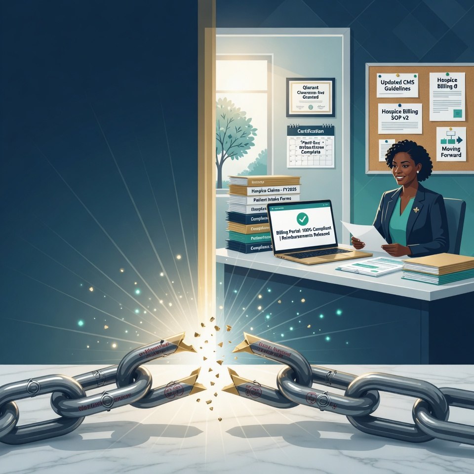 Broken Qlarant suspension chain with light breaking through, symbolizing the payment suspension being lifted and moving forward into compliance and monitoring.