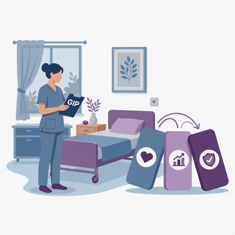 Flat illustration: a hospice nurse holding a GIP clipboard stands next to a patient bed, with three falling dominoes representing the cascade of SSVI score impacts from an unmanaged patient crisis.