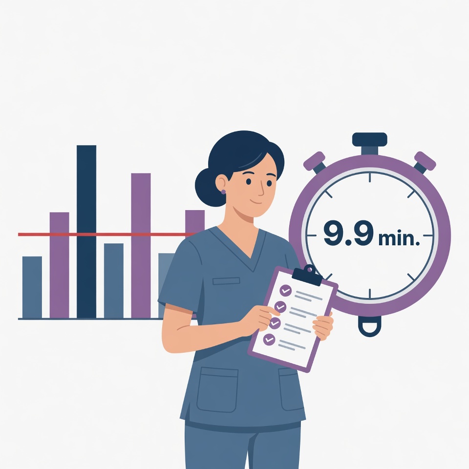 Flat illustration: a nurse with a clipboard and a stopwatch standing beside a simple bar chart showing daily nursing minutes per patient, representing the SSVI skilled nursing minutes metric.