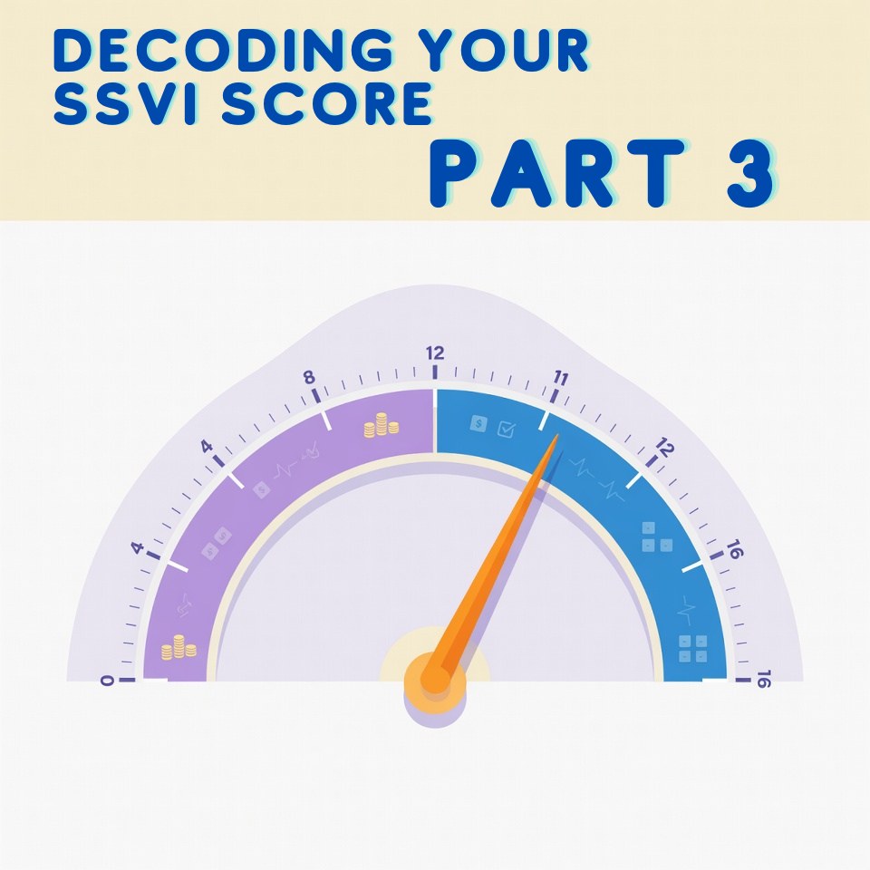 Illustration: a 0-to-16 gauge whose left half represents the Non-Hospice Spending Score and right half the Utilization Score, combining into a single total CMS SSVI score.