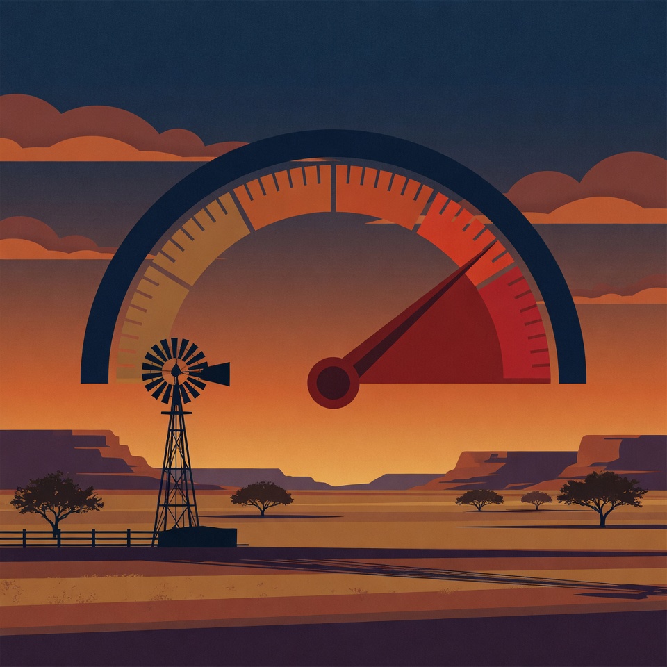 Editorial illustration: a West Texas landscape at dusk with a windmill and open rangeland, and a rising gauge-style scorecard in place of the sun with its needle deep in the red, representing Texas hospice SSVI scores.