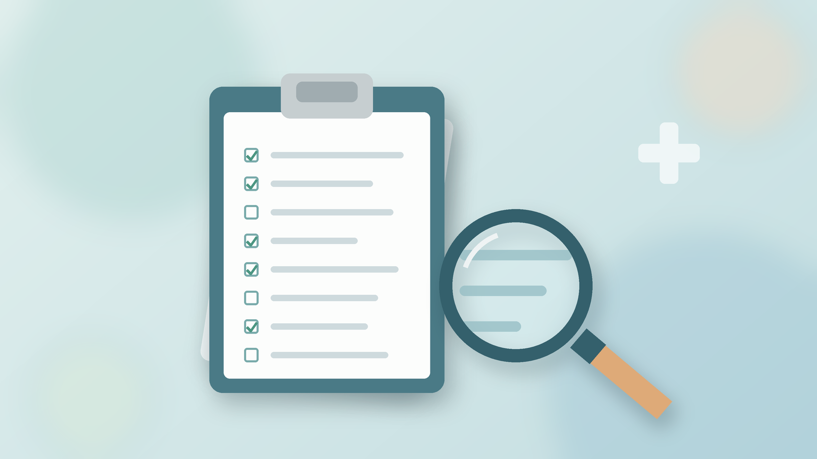 Abstract illustration of a clipboard of claim forms under a magnifying glass in calm teal and blue tones